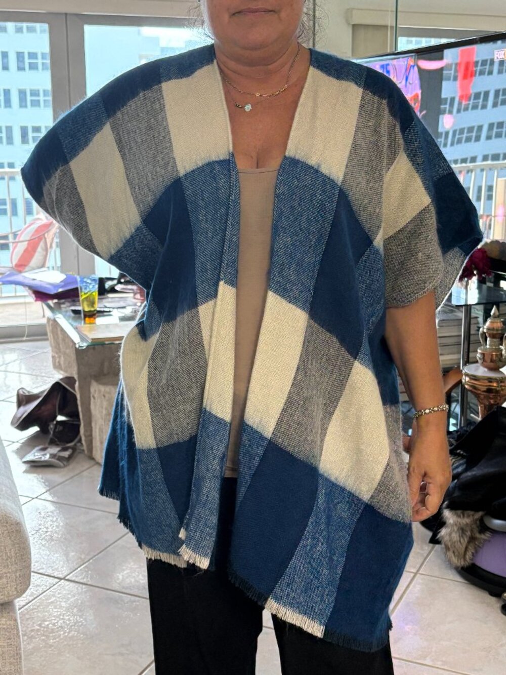 Loft Women’s XS/S Navy/White Plaid Open Front Cardigan/Poncho Cottagecore Boho